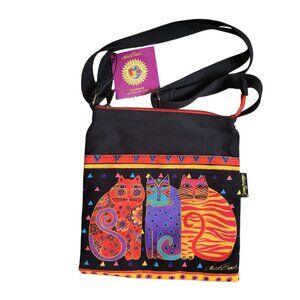 Laurel Burch Crossbody Bag Black Cotton Canvas Cats 10x10 in